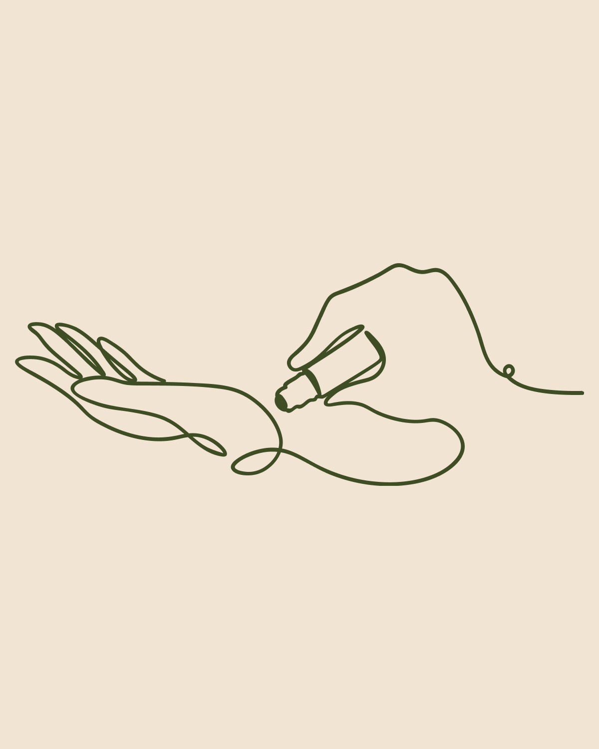 Minimalist line art illustration of a hand holding a small bottle and dispensing liquid onto an open palm, rendered in dark olive green on a warm beige background.
