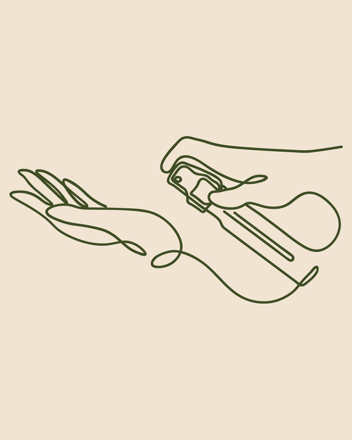 Minimalist line art illustration of a hand holding a spray bottle over an open palm, rendered in olive green on a warm off-white background.