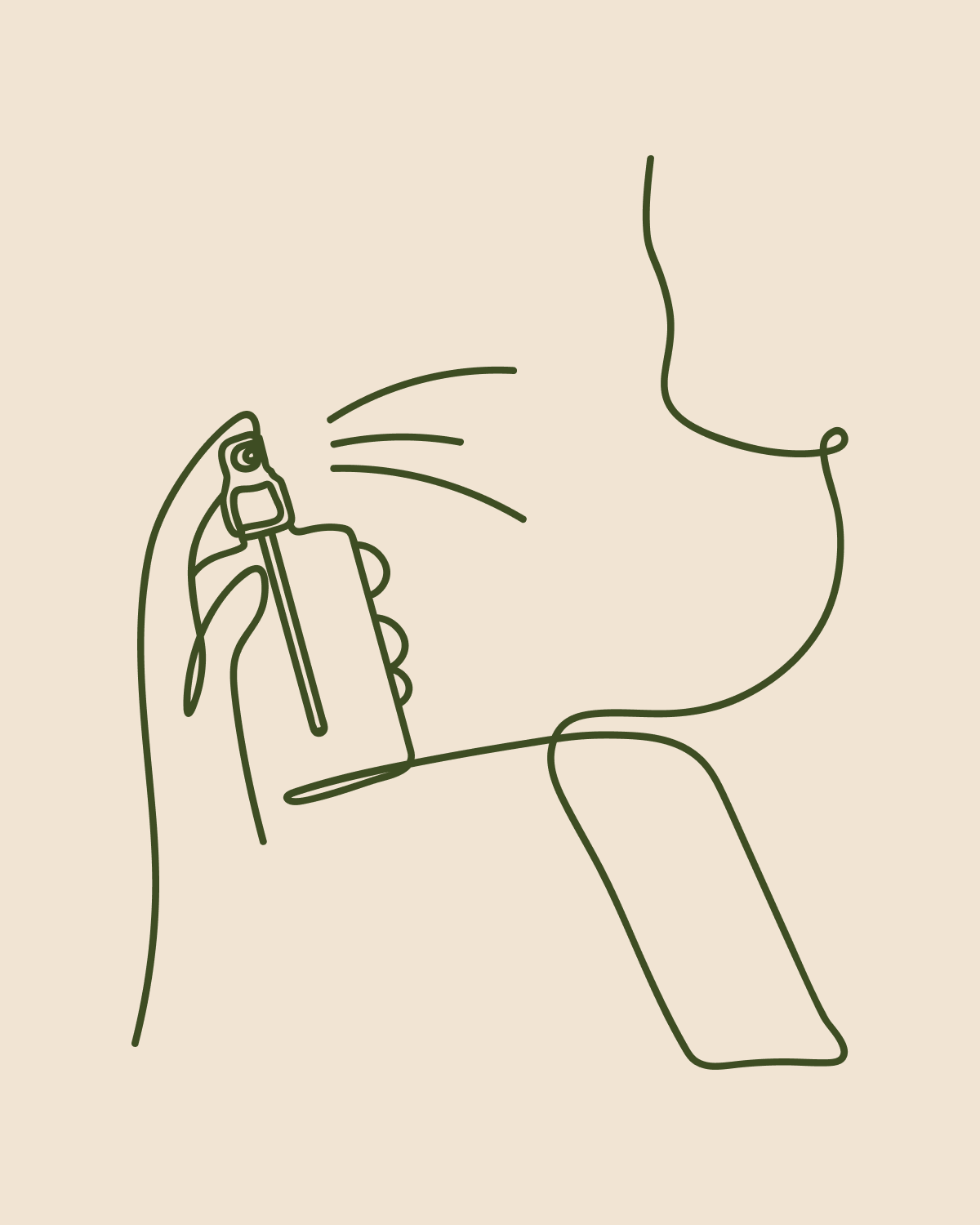 Minimalist line art illustration of a hand holding and spraying a perfume or air freshener bottle near a face, shown on a solid beige background.